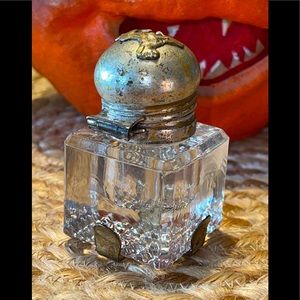Vintage Solid Glass & Metal Inkwell - Beveled Edges & Dog on Hinged Lid